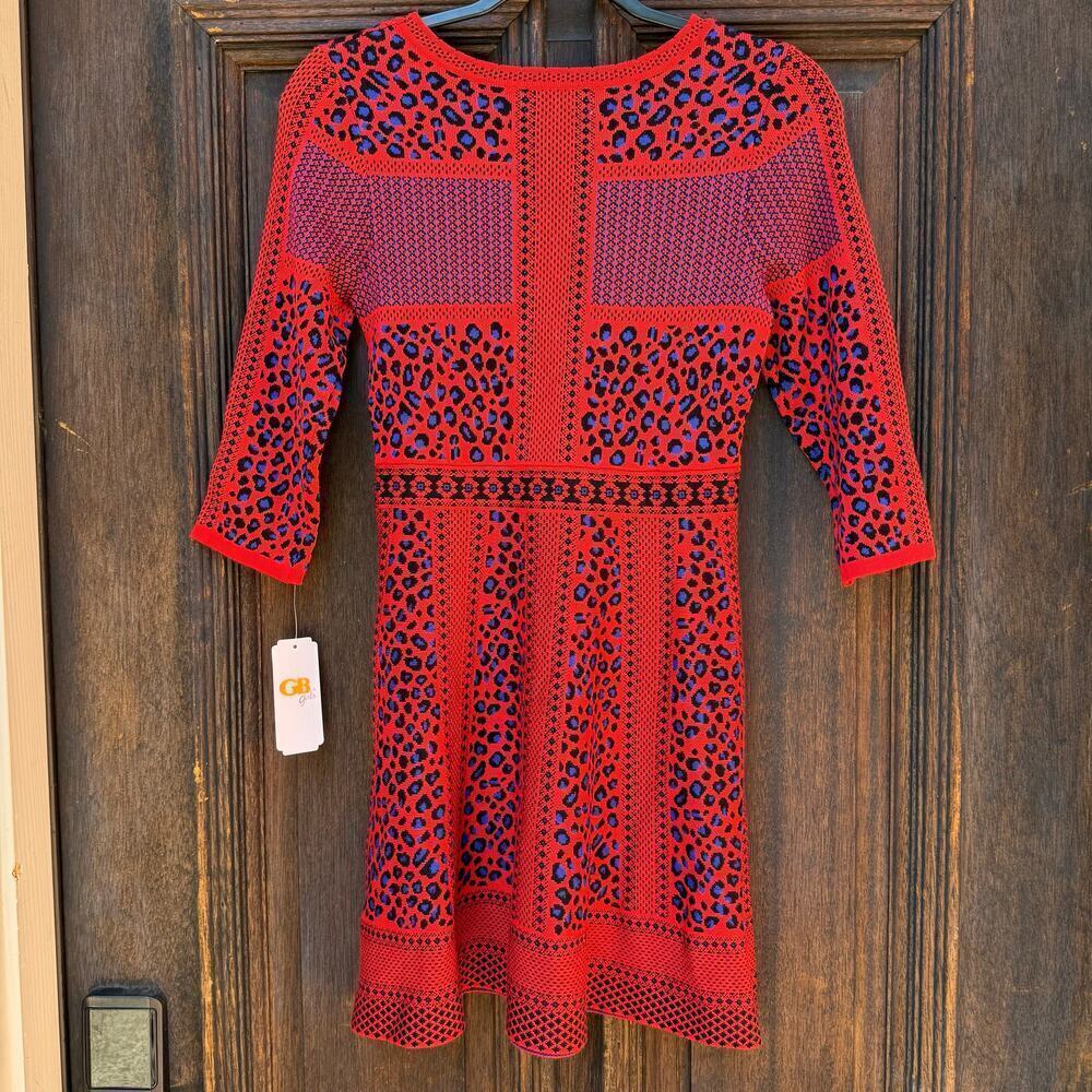 NWT GB Girls Red Leopard Print Knit Dress Sz L (12/14) - Picture 5 of 5